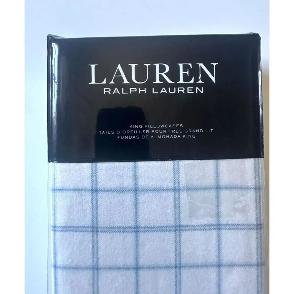 Ralph Lauren Flannel Millerton Plaid Standard Pillowcases Set 2 Blue White New